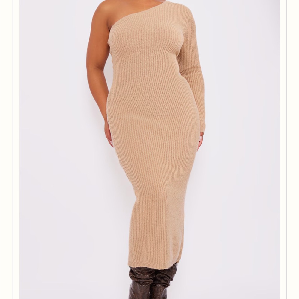 PrettyLittleThing Beige One-Shoulder Dress